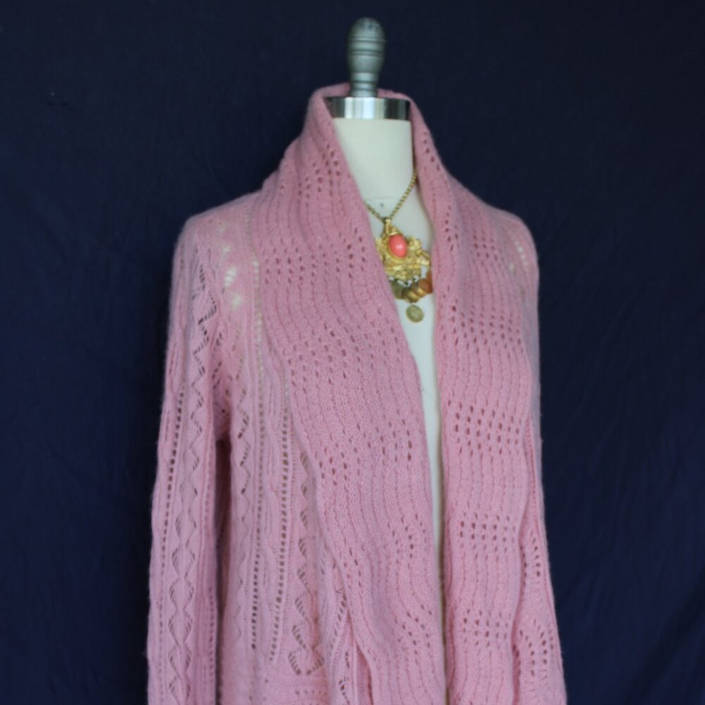 Calypso St Barth Cashmere Cardigan sweater waterfall pink crochet macreme nude M - Picture 7 of 9
